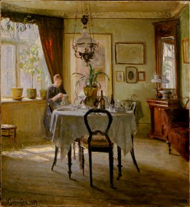 Sunlight in the Dining-room (Viggo Johansen) - Nationalmuseum - 19750. Free illustration for personal and commercial use.