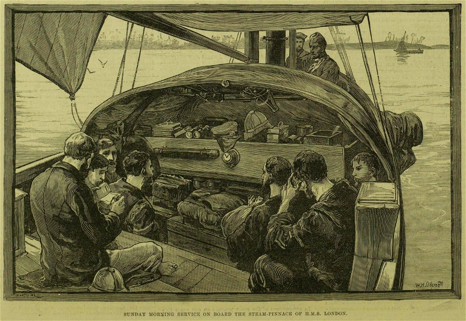 Sunday morning service on board the Steam-Pinnace of HMS London - ILN 1881
