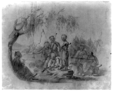 Summer scene with an elderly man resting against a tree on the left, a group of children playing with frogs at center, and a man sitting on a rock with a child on the right LCCN2011660752. Free illustration for personal and commercial use.