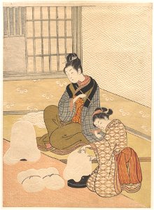 Suzuki Harunobu - Evening Snow on the Heater. Free illustration for personal and commercial use.