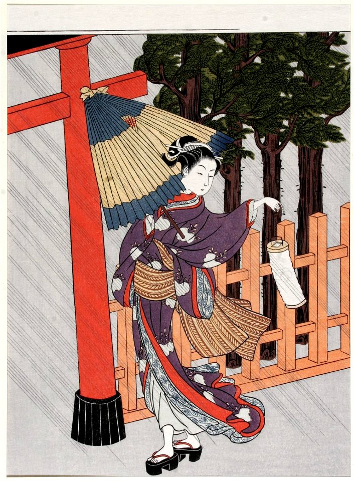 Suzuki Harunobu (1724-1770), Schoonheid bezoekt heiligdom in regenachtige nacht