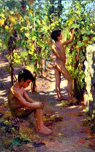 Susan Watkins (1875-1913), Boys picking grapes at Capri (ca. 1906). Free illustration for personal and commercial use.