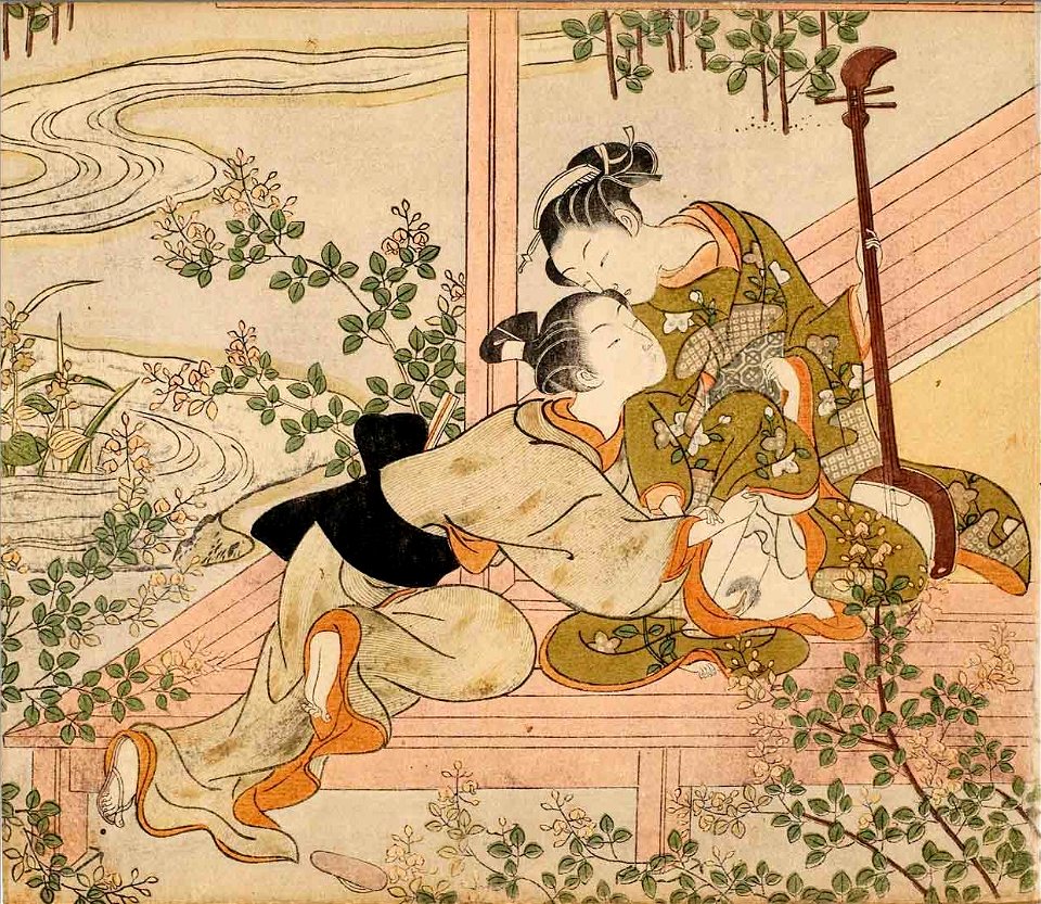 Suzuki Harunobu - Lovers on a Veranda with a Shamisen, c. 1770