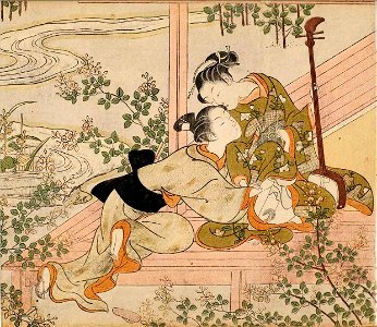 Suzuki Harunobu - Lovers on a Veranda with a Shamisen, c. 1770