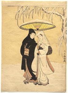 Suzuki Harunobu - Lovers Walking in the Snow (Crow and Heron) ~ compressed. Free illustration for personal and commercial use.
