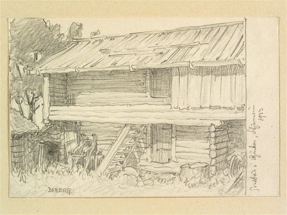 Svalbod i Björken, Siljansnäs sn., Dalarna. Teckning av Ferdinand Boberg - Nordiska museet - NMA.0088167