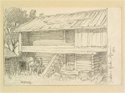 Svalbod i Björken, Siljansnäs sn., Dalarna. Teckning av Ferdinand Boberg - Nordiska museet - NMA.0088167