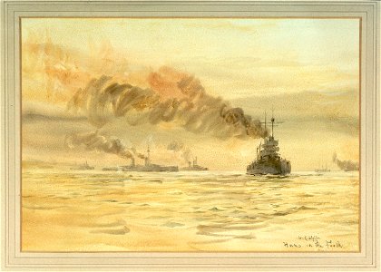 Surrendered German battleships in the Firth of Forth, probably at dawn RMG PW1875