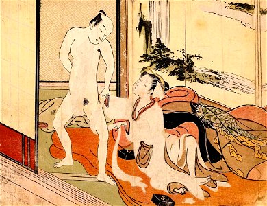 Suzuki Harunobu - Arranging His Loincloth, from an untitled series, c. 1770. Free illustration for personal and commercial use.