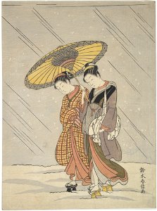 Suzuki Harunobu - Two Women in a Storm. Free illustration for personal and commercial use.