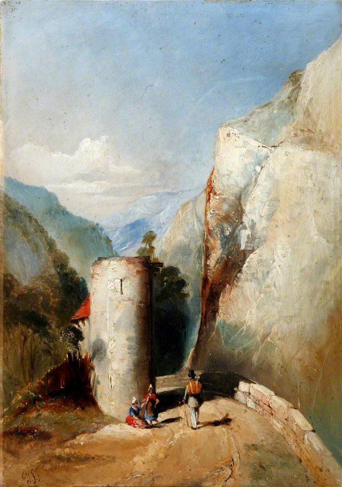 Swiss School (possibly) - Castle Turret in Mountainous Terrain with Three Figures in the Foreground* - 1548295 - National Trust