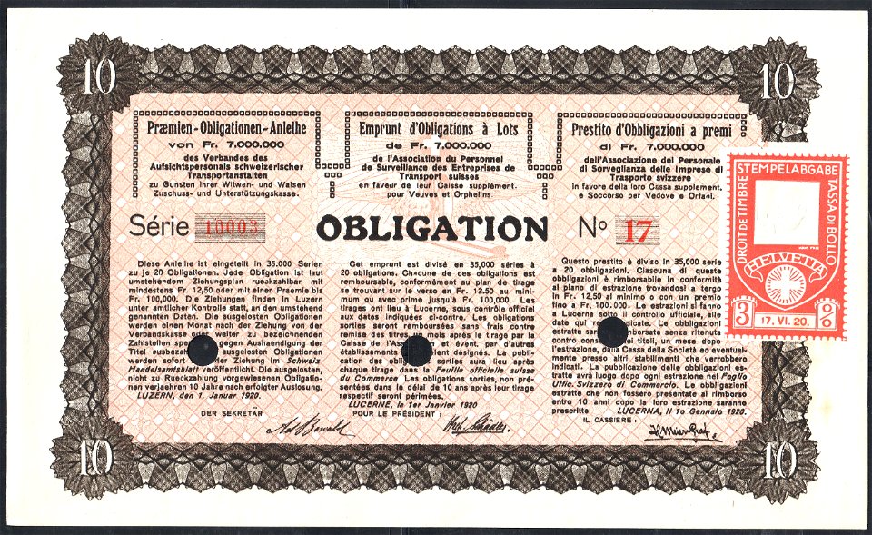 Switzerland transportation bond with confederational imprinted revenue 17.VI.1920 - 5