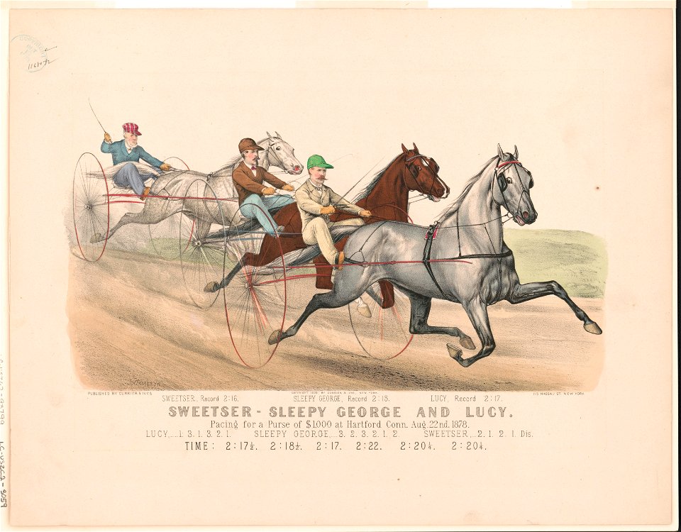 Sweetser, Sleepy George and Lucy, pacing for a purse of $1,000 at Hartford Conn., Aug. 22, 1878 - J. Cameron. LCCN93508184