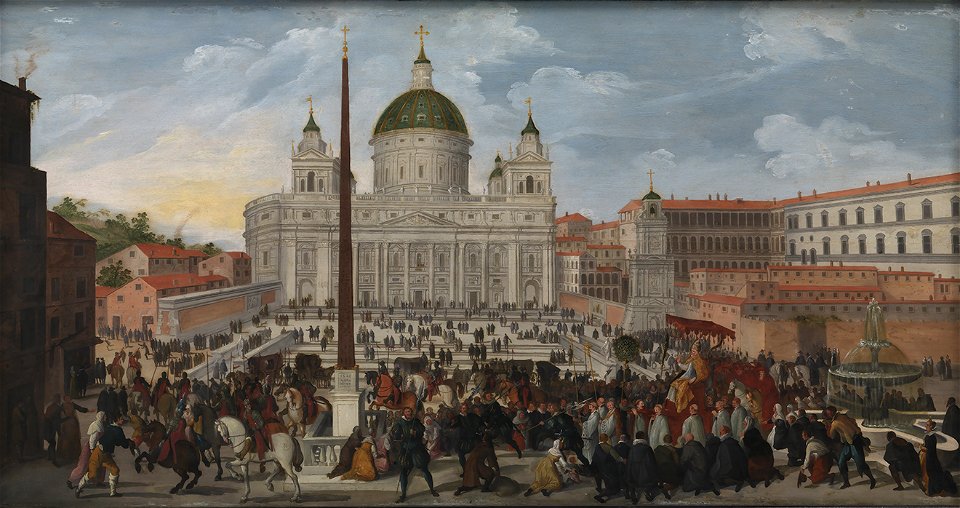 Jacob van Swanenburgh - A Papal Procession on the Piazza San Pietro in Rome. Free illustration for personal and commercial use.