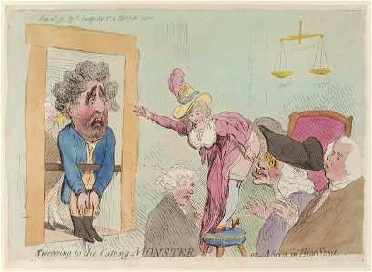 Swearing to the cutting monster or- a scene in Bow Street by James Gillray. Free illustration for personal and commercial use.