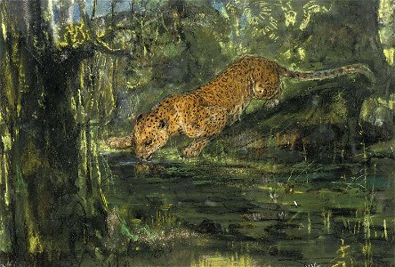 John Macallan Swan - Leopard drinking from a stream