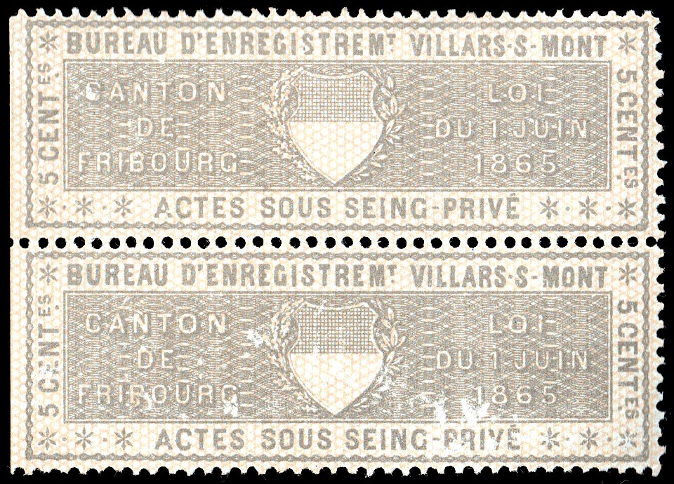 Switzerland Fribourg 1865 private acts revenue 5c - 27A Villars S Mont pair