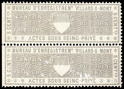 Switzerland Fribourg 1865 private acts revenue 5c - 27A Villars S Mont pair
