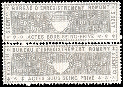 Switzerland Fribourg 1865 private acts revenue 5c - 23A Romont pair