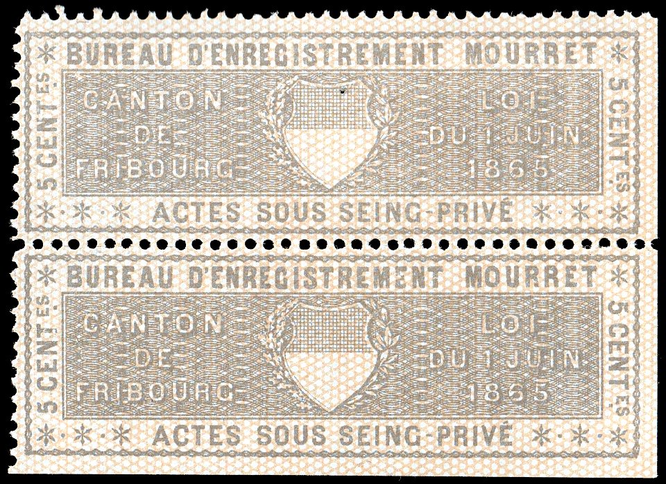 Switzerland Fribourg 1865 private acts revenue 5c - 22A Mourret pair