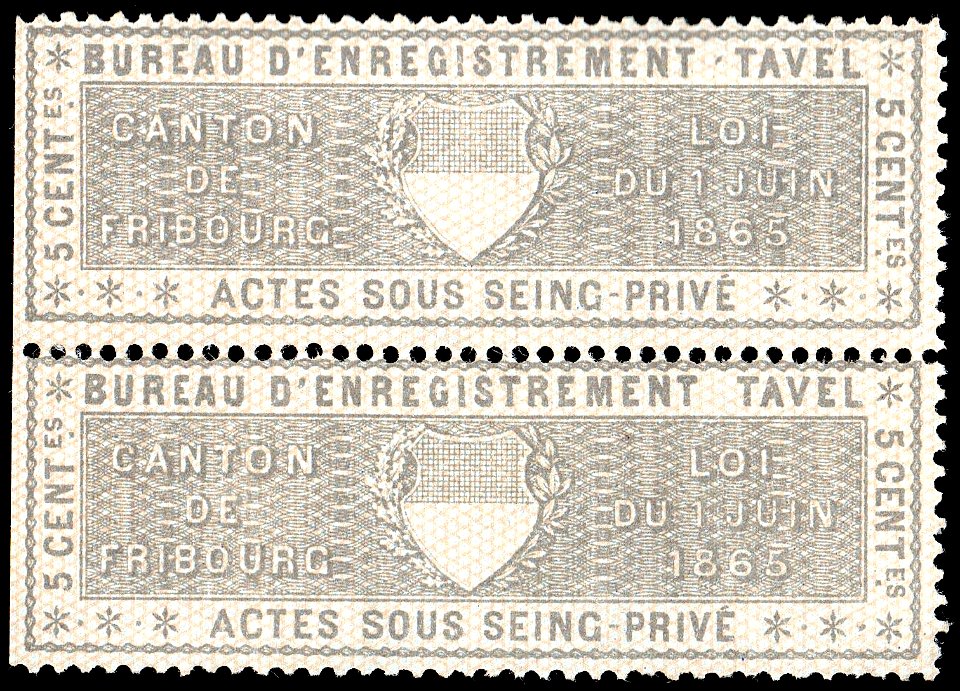 Switzerland Fribourg 1865 private acts revenue 5c - 26A Tavel pair