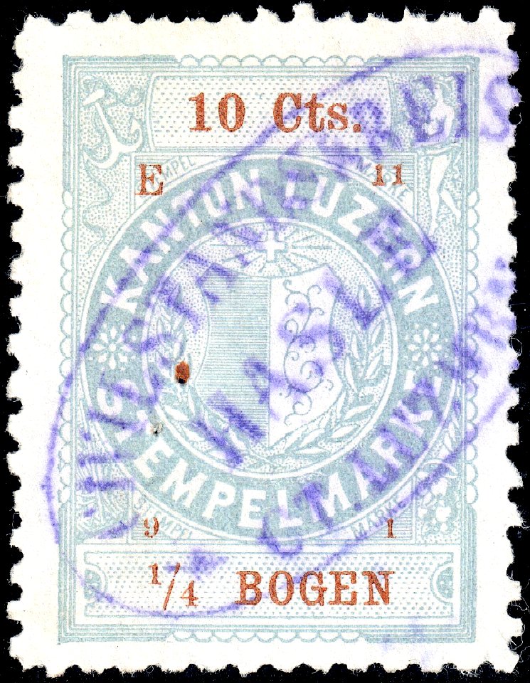 Switzerland Lucerne 1891 revenue 4 10c - 33 - E 11 91 Hasle cancel