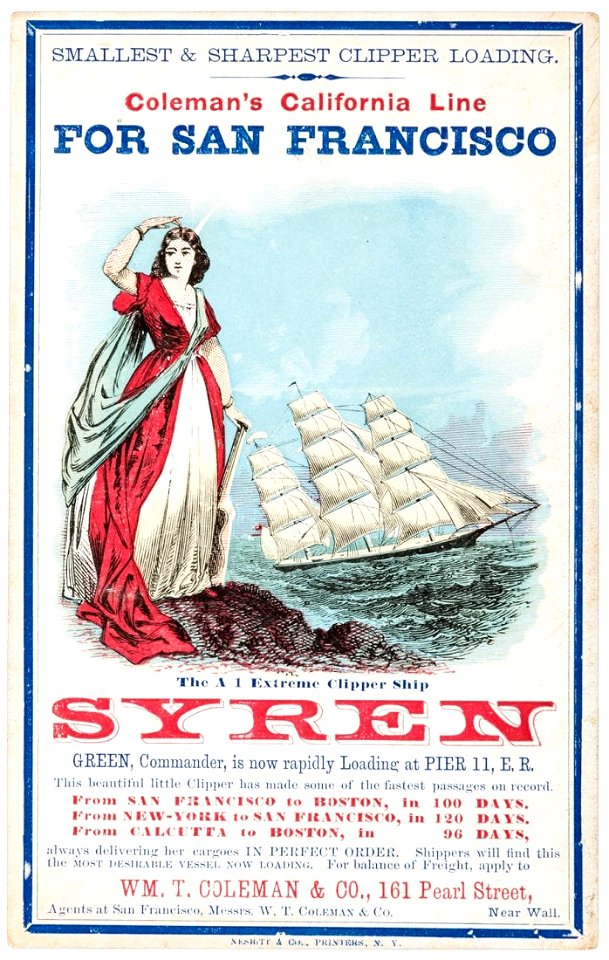 SYREN Clipper ship sailing card. Green, commander
