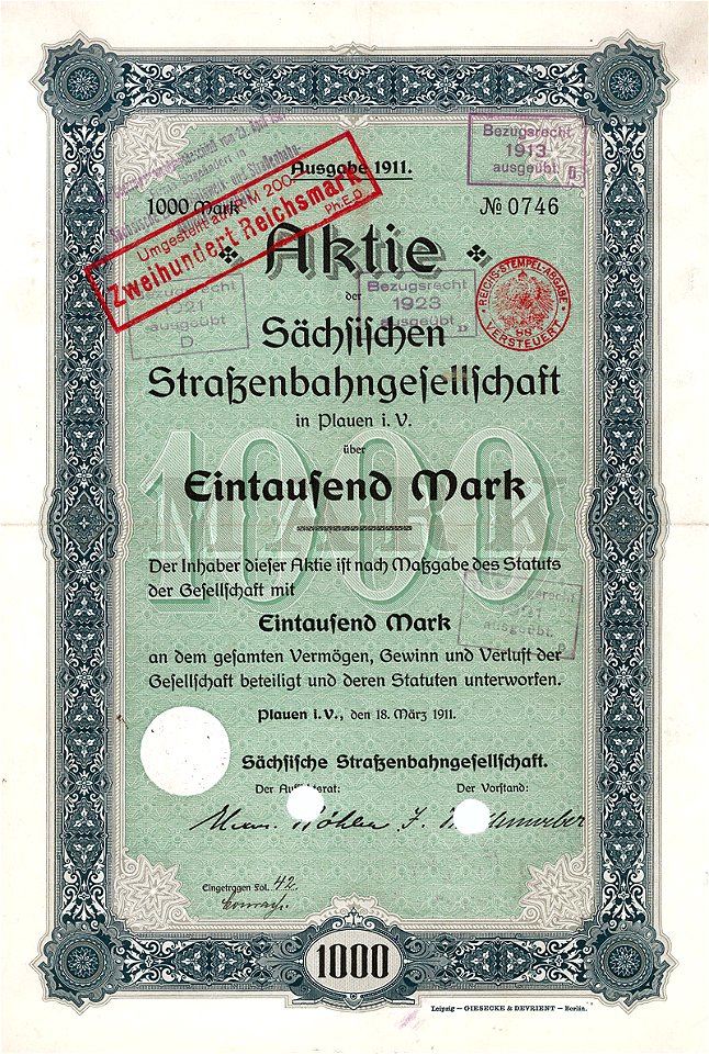 Sächsische Straßenbahngesellschaft 1000 Mk 1911