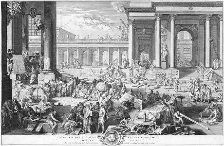 Sébastien Leclerc I, L'Académie des Sciences et des Beaux-Arts, 1698. Free illustration for personal and commercial use.