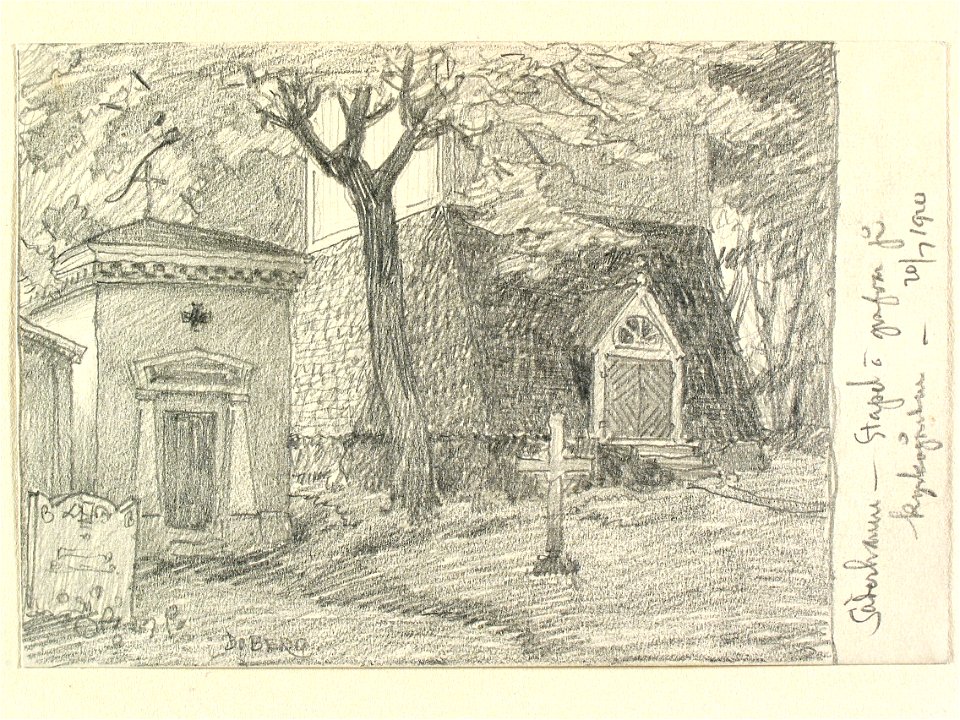 Söderhamn, Hälsingland. Stapel och gravar på kyrkogården. Teckning av Ferdinand Boberg - Nordiska museet - NMA.0089634