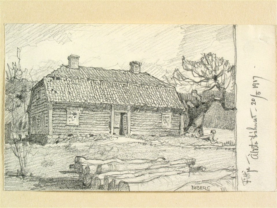 Södermanland, Svartlösa hd., Botkyrka sn., Fittja. Äldsta trähuset . Teckning av Ferdinand Boberg - Nordiska museet - NMA.0088445