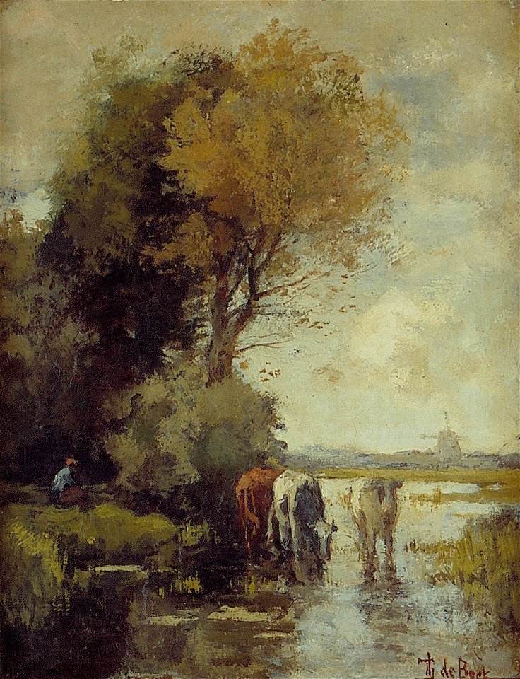 T.E.A. de Bock - Landschap met koeien wadend in water - AB9250 - Cultural Heritage Agency of the Netherlands Art Collection