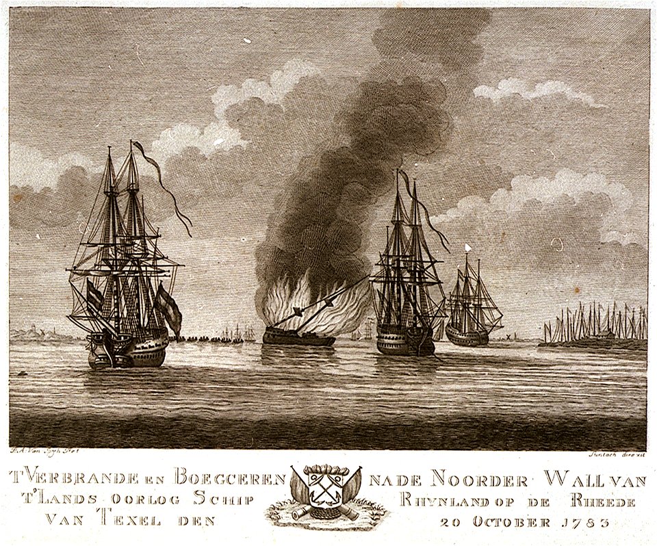 T Verbrande en Boegceren nade Noorder wall van t'Lands oorlog Schip Rhynland op de Rheede van Texel den 20 October 1783 RMG PU6000