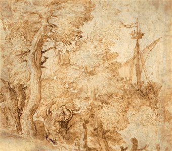Taddeo Zuccaro - Jonah and the whale, seen from a landscape with trees - Google Art Project