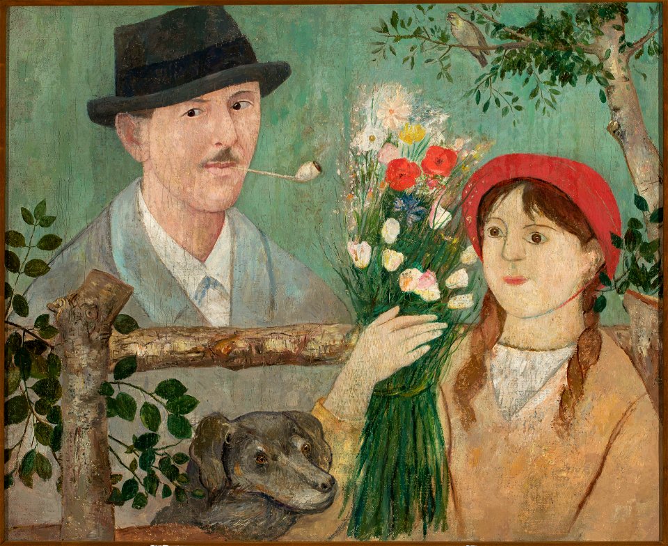 Tadeusz Makowski - Idyll beside a fence (Self-portrait, girl with flowers and dog) - MPW 2706 MNW - National Museum in Warsaw