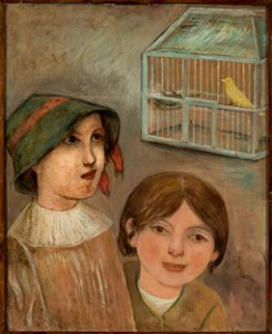 Tadeusz Makowski - Two little girls beside a cage with a canary - MPW 3595 MNW - National Museum in Warsaw