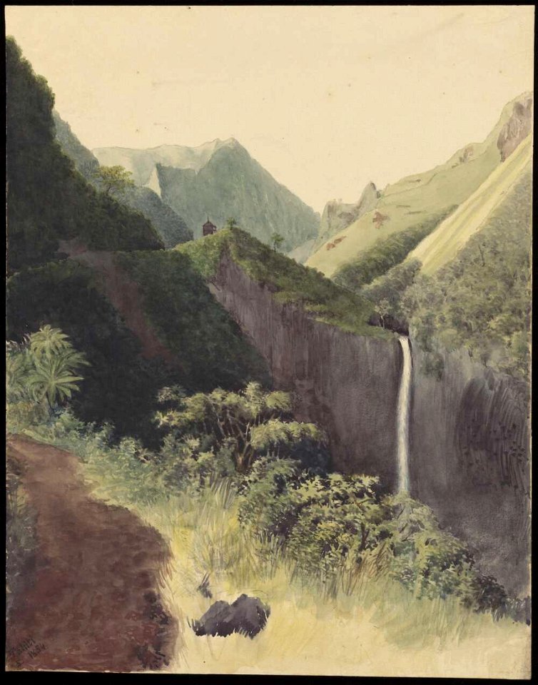 Tahiti, 5, 1854, view near the French fort at the falls of the Fatua, Tahaiti, watercolour by James Gay Sawkins