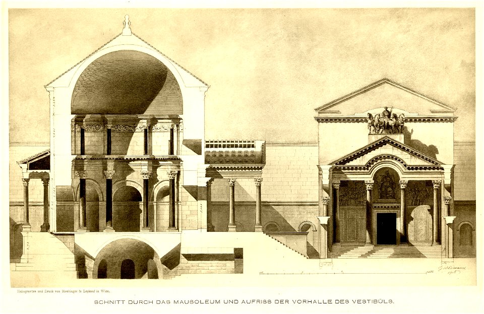 Tafel 13 Schnitt durch das Mausoleum und Aufriss der Vorhalle des Vestibüls
