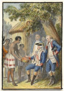Tahitians Presenting Fruits to Bougainville Attended by His Officers. Free illustration for personal and commercial use.