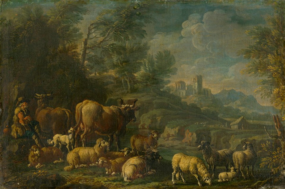 Taliansky maliar z okruhu Rosu da Tivoli - Herdsman with his Herd in Romantic Landscape - O 6282 - Slovak National Gallery