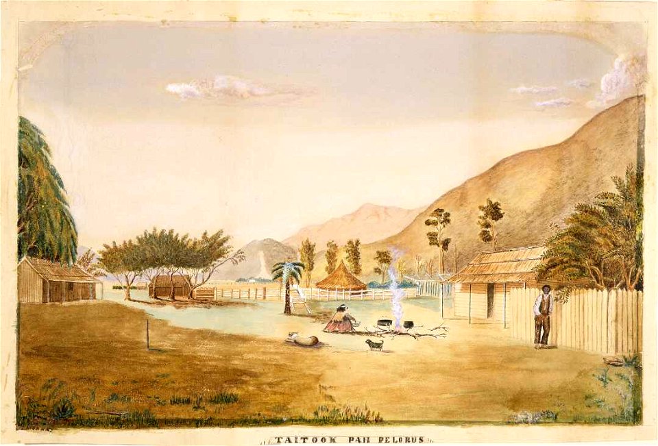 Taitook Pah Pelorus, watercolour by J. P. Murray, ca 1880