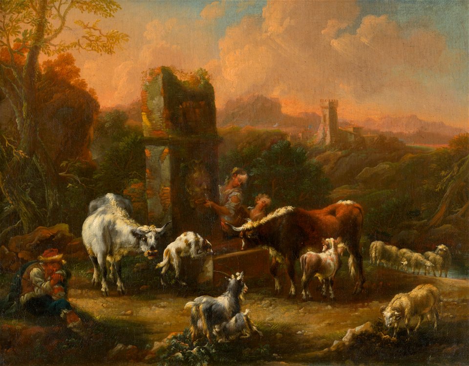 Talianský maliar zo začiatku 18. storočia - Pastierska idyla v romantickej krajine so zrúcaninami - O 5132 - Slovak National Gallery