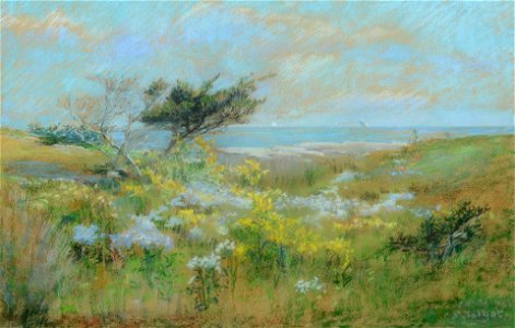 Coastal Scene with Spring Flowers and Weathered Pine by Catherine Porter Talbot, pastel 