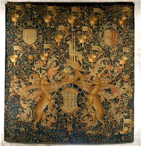 Tapestry with armorial bearings and badges of John Dynham, 1st Baron Dynham. Free illustration for personal and commercial use.