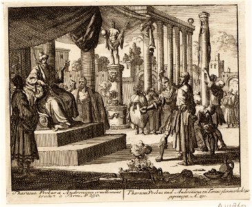 Taracus tijdens zijn verhoor met een steen op de mond geslagen, objectnr A 41869