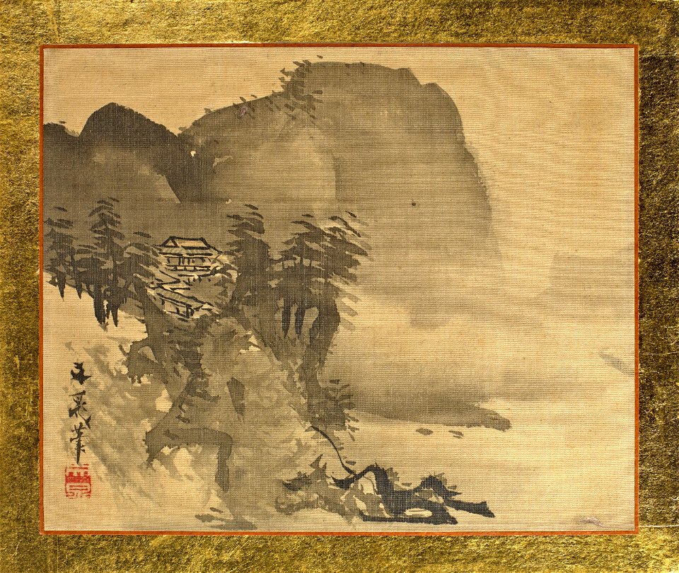 Tani Buncho - A House on a Cliff with Mountains in the Background - 2014.672.11 - Museum of Fine Arts