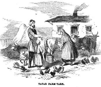 Tatar Farm-Yard. Edmund Spencer. Turkey, Russia, the Black Sea, and Circassia.P.273. Free illustration for personal and commercial use.