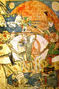 Tariel fighting King Ramaz. Tavakarashvili H-599, 137v, 17th c. Free illustration for personal and commercial use.