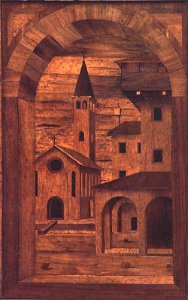 Tarsia prospettica dell'ordine superiore del Coro della Chiesa di Sant'Andrea a Ferrara, attribuita a Pier Antonio degli Abbati alla fine del XV secolo
