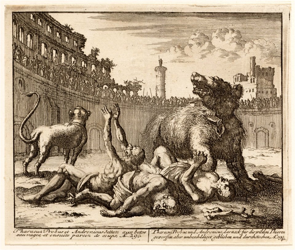 Taracus, Probus en Andronicus in de arena door een beer gespaard, objectnr A 41870